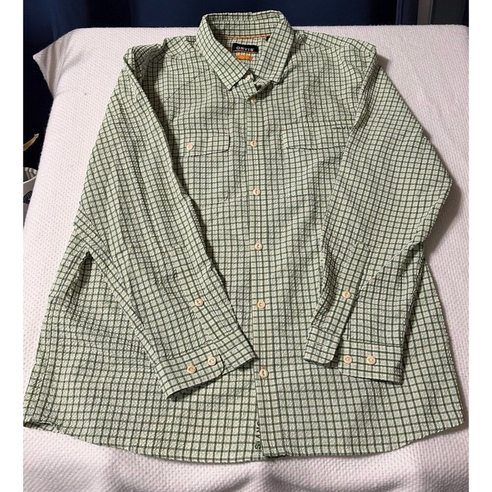 Orvis Active Fit Men's Large Green White Seersucker Gingham Button Down Shirt